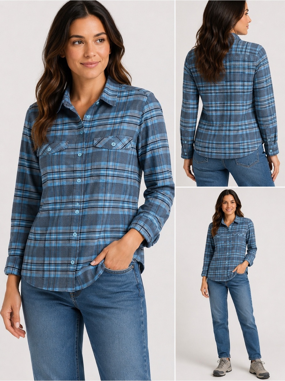 Columbia Omni-Wick Plaid Button-Up Shirt Women’s Medium Blue Long Sleeve Hiking